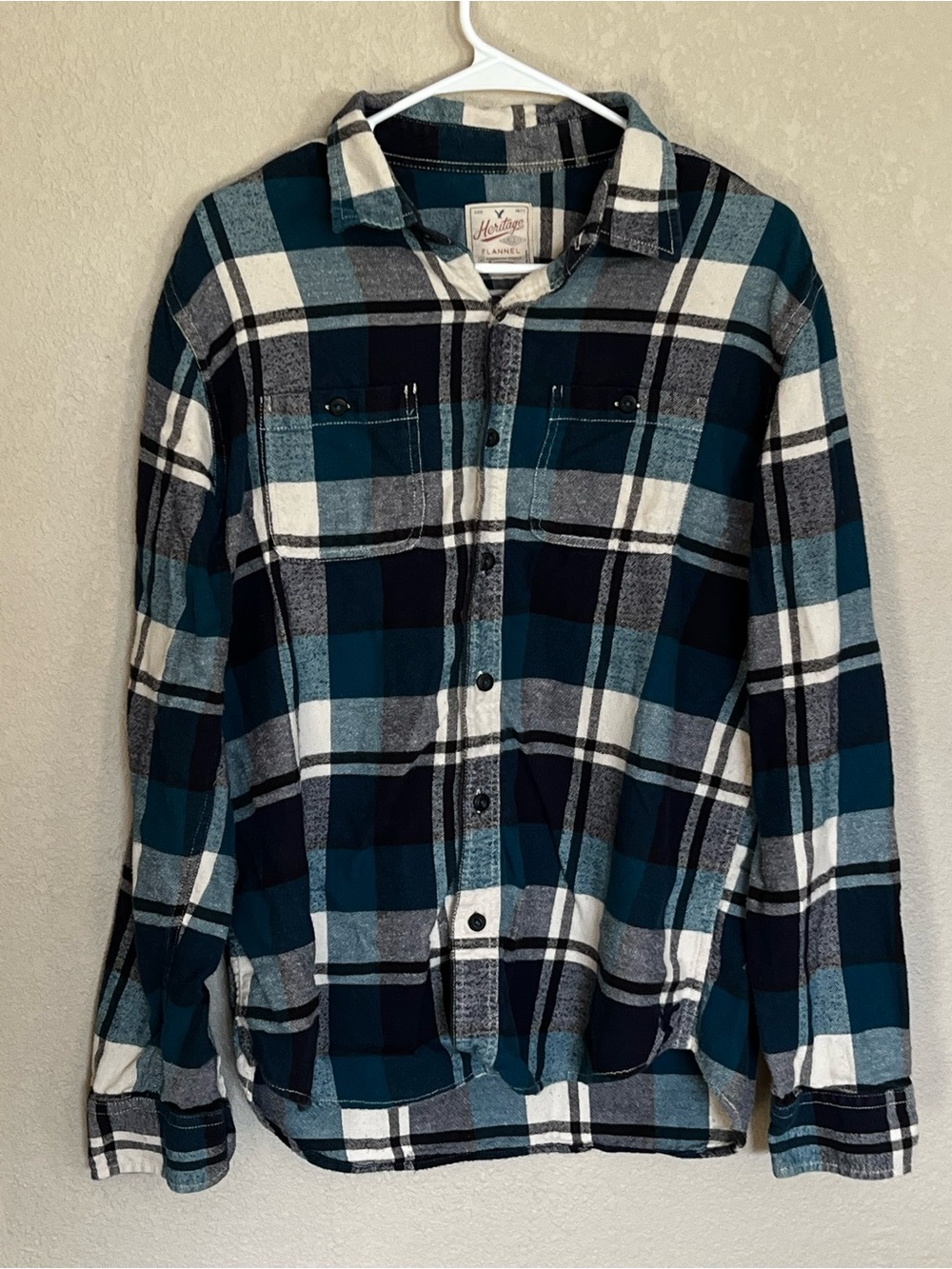 American Eagle Outfitters Flannel Teal, Navy & White Plaid Button-Down Shirt L